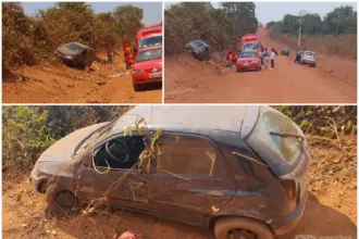 Mulher é lançada para fora de carro durante capotamento na zona rural de Rolim de Moura