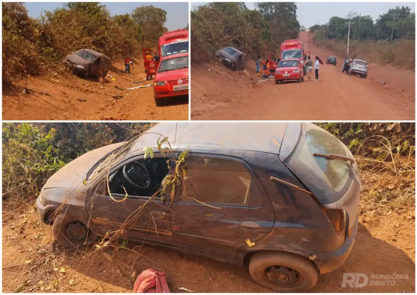 Mulher é lançada para fora de carro durante capotamento na zona rural de Rolim de Moura