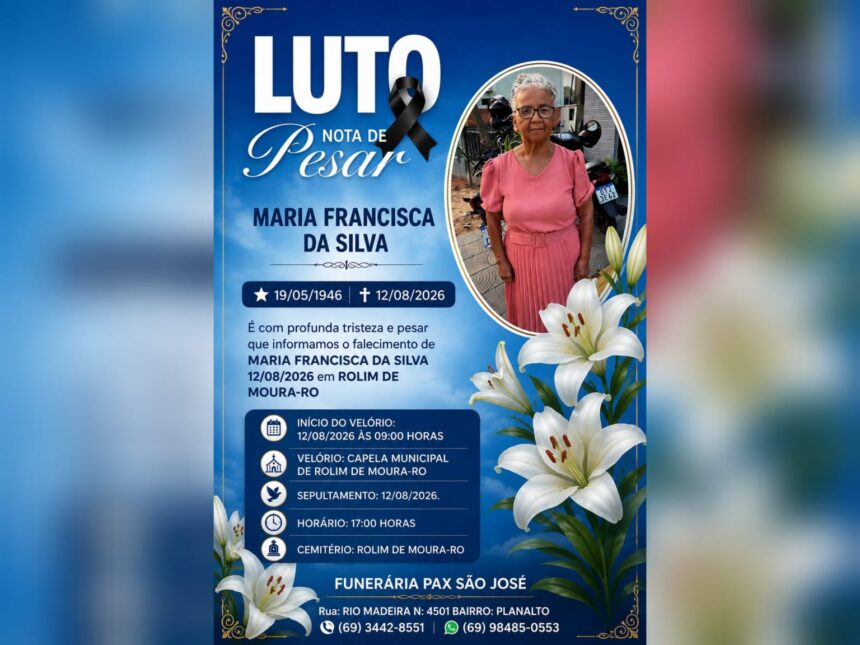 Luto em Rolim de Moura: Faleceu Maria Francisca da Silva aos 80 anos