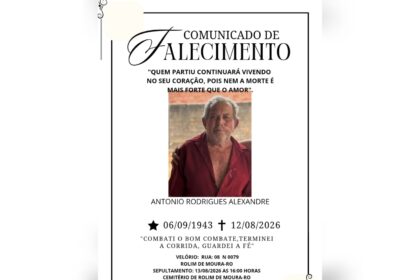 Luto em Rolim de Moura: Faleceu Antonio Rodrigues Alexandre aos 82 anos