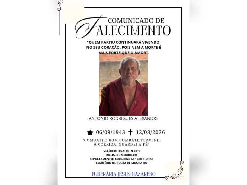 Luto em Rolim de Moura: Faleceu Antonio Rodrigues Alexandre aos 82 anos