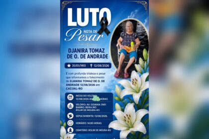Luto em Rolim de Moura: Faleceu Djanira Tomaz de O. de Andrade aos 75 anos