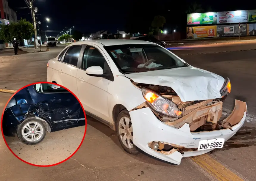 Colisão entre dois carros é registrada em rotatória de Rolim de Moura