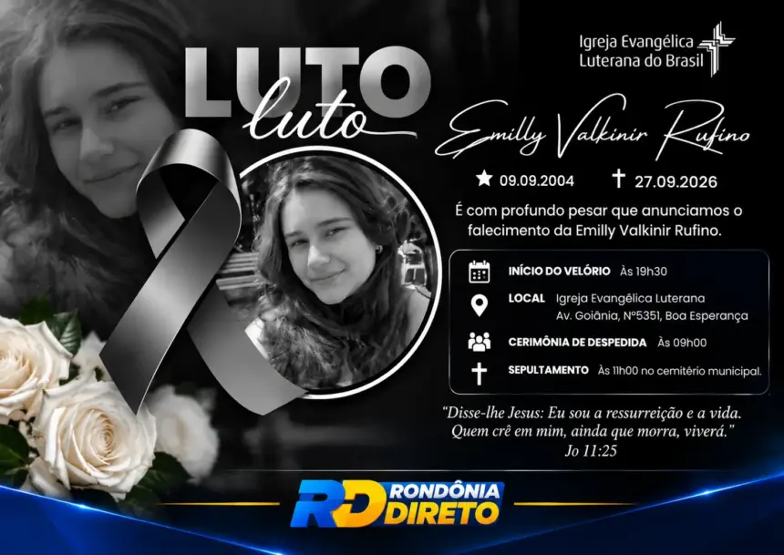 Velório de Emilly Valkinir Rufino será na Igreja Luterana em Rolim de Moura; jovem morreu após acidente