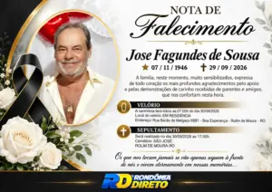 Nota de pesar pelo falecimento de José Fagundes de Sousa, aos 79 anos, em Rolim de Moura