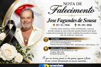 Nota de pesar pelo falecimento de José Fagundes de Sousa, aos 79 anos, em Rolim de Moura