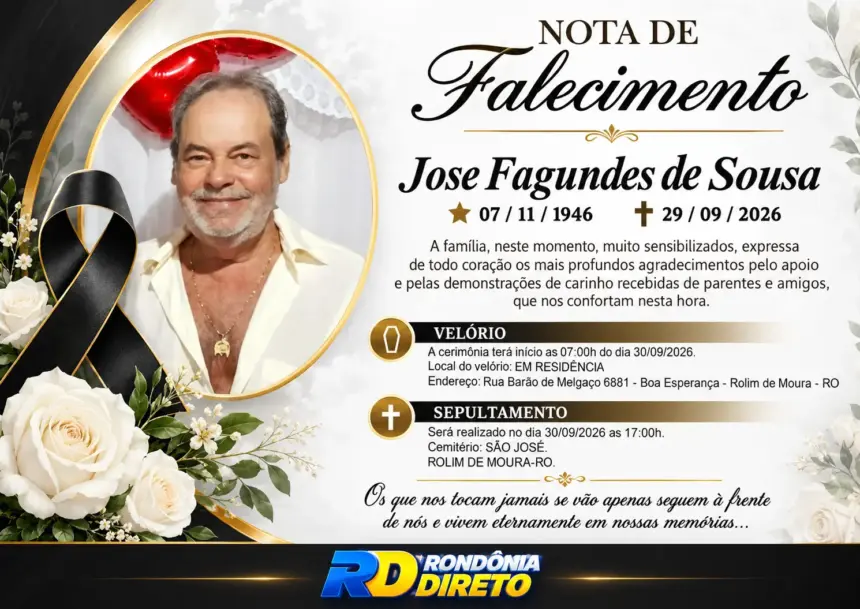 Nota de pesar pelo falecimento de José Fagundes de Sousa, aos 79 anos, em Rolim de Moura