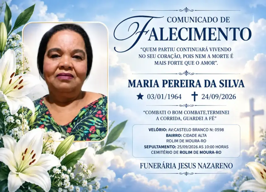 Nota de pesar pelo falecimento da rolimourense Maria Pereira da Silva