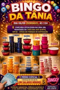Bingo da Tânia acontece neste domingo com prêmios em Tupperware e rodada final de um salário mínimo