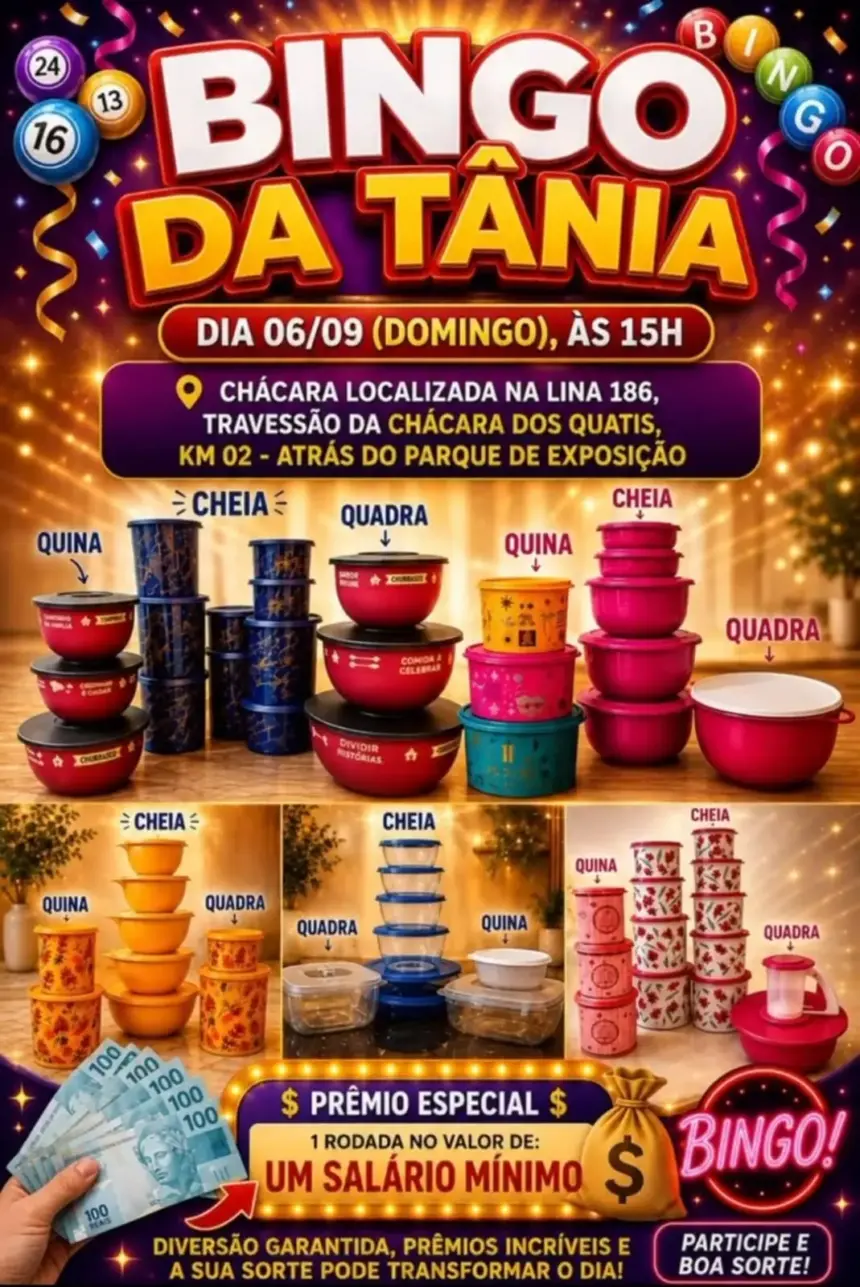 Bingo da Tânia acontece neste domingo com prêmios em Tupperware e rodada final de um salário mínimo