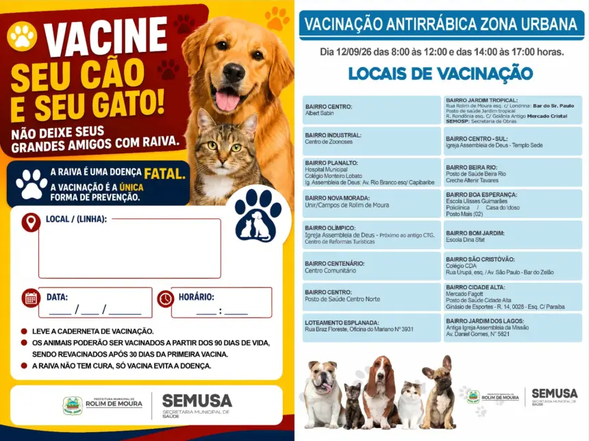 Campanha de vacinação antirrábica terá pontos em vários bairros de Rolim de Moura neste sábado