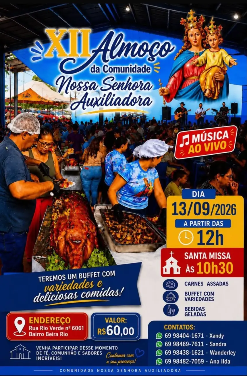 Não perca - 12º Almoço da Comunidade Nossa Senhora Auxiliadora será neste domingo em Rolim de Moura