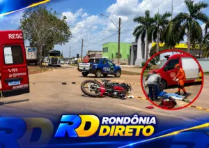 Motociclista sofre fratura exposta após colisão em rotatória no centro de Rolim de Moura