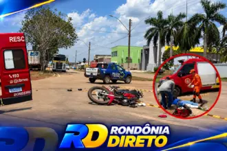 Motociclista sofre fratura exposta após colisão em rotatória no centro de Rolim de Moura