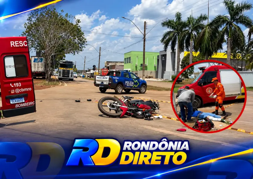 Motociclista sofre fratura exposta após colisão em rotatória no centro de Rolim de Moura