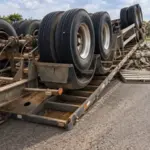 Carreta com 750 sacas de cimento tomba na BR-429 após passar por depressão na pista em Seringueiras
