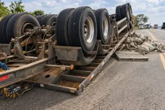 Carreta com 750 sacas de cimento tomba na BR-429 após passar por depressão na pista em Seringueiras