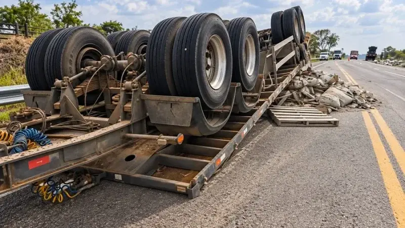 Carreta com 750 sacas de cimento tomba na BR-429 após passar por depressão na pista em Seringueiras