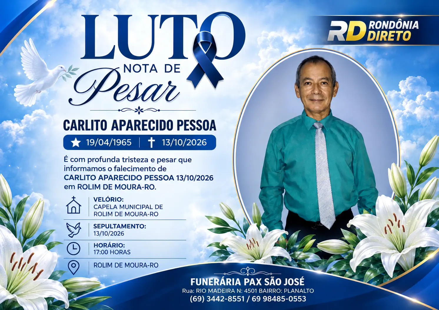 Rolim de Moura se despede de Carlito Aparecido Pessoa, que faleceu aos 61 anos