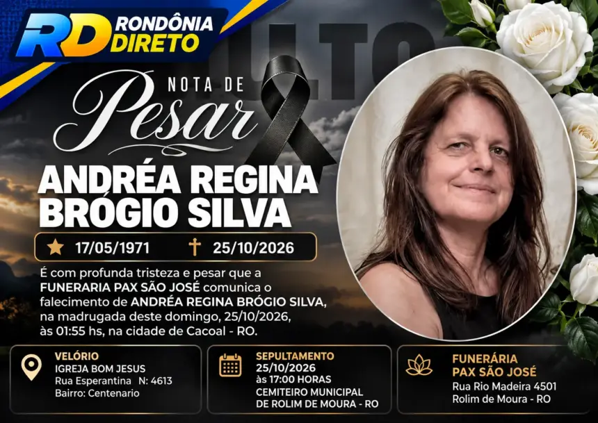 Funerária Pax São José comunica falecimento de Andréa Regina Brógio Silva, proprietária da Auto Elétrica Puma, aos 55 anos