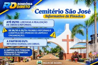 Cemitério São José suspende obras e reformas a partir de segunda-feira (26) em Rolim de Moura