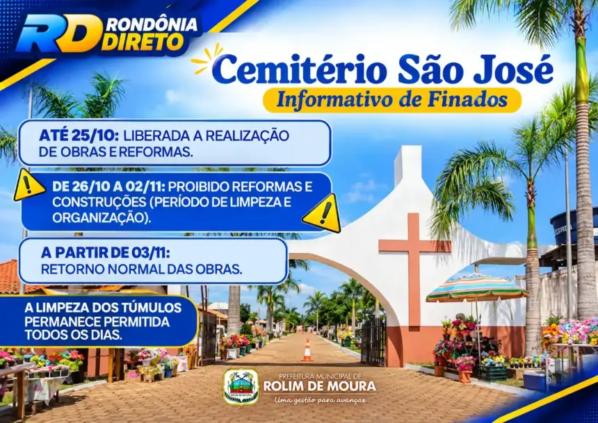 Cemitério São José suspende obras e reformas a partir de segunda-feira (26) em Rolim de Moura