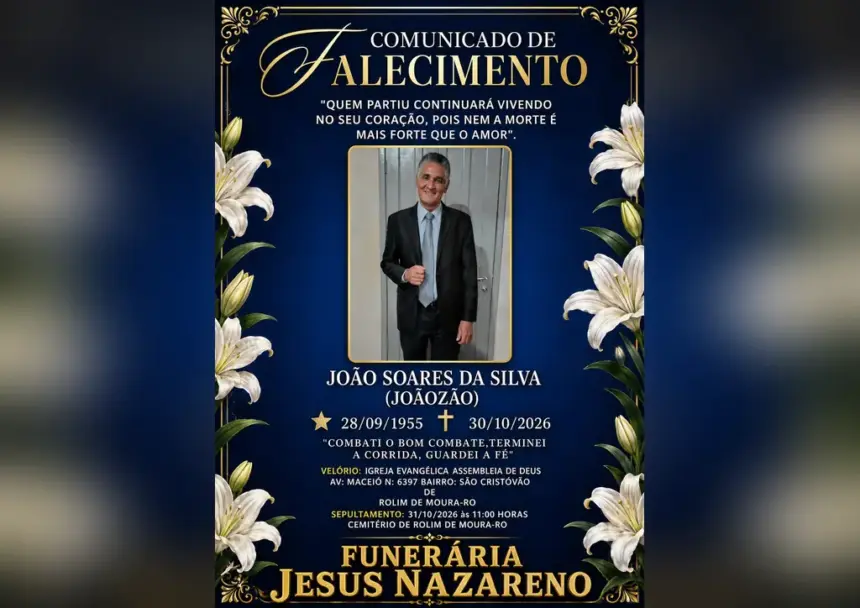 Nota de falecimento: João Soares da Silva, o Joãozão, falece aos 71 anos em Rolim de Moura