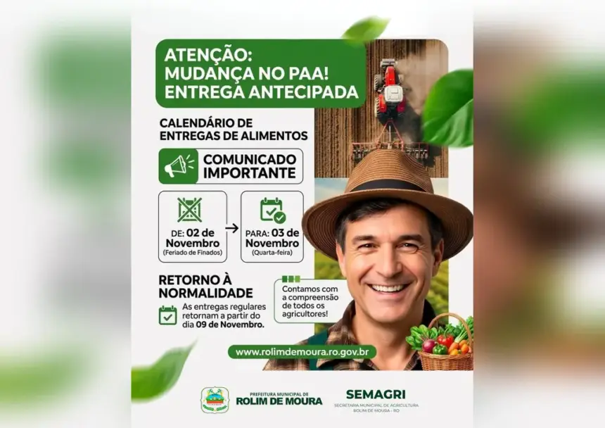Rolim de Moura altera data de entrega de alimentos do PAA devido ao feriado de Finados; confira o novo cronograma